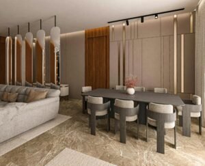 Elegant contemporary interior showcasing a luxurious dining area and cozy seating arrangement.