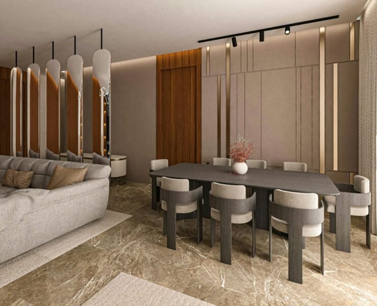 Elegant contemporary interior showcasing a luxurious dining area and cozy seating arrangement.